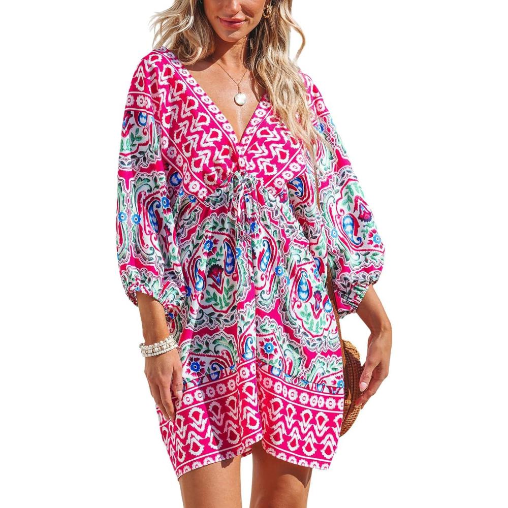 imageCUPSHE Womens Plunging V Neck Backless Beach Dress Paisley Boho Blouson Sleeve Back Tie Waist Tie Mini Summer DressesHot Pink
