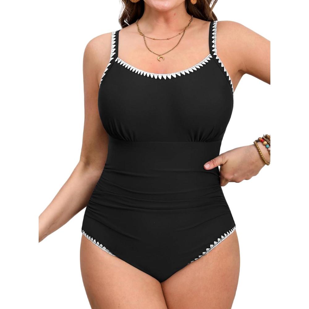 imageCUPSHE Womens Plus Size One Piece Swimsuit Curvy Shell Stitched Bathing Suit Tummy Control Ruched Scoop Neck SwimwearBlack