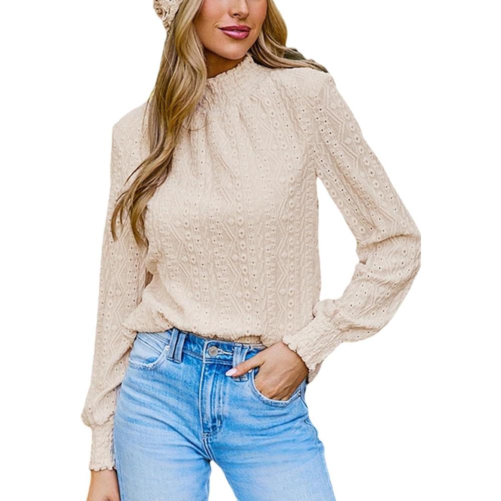 imageCUPSHE Womens Puff Long Sleeve Eyelet Embroidered Mock Neck Work Casual Blouse ShirtsBeige
