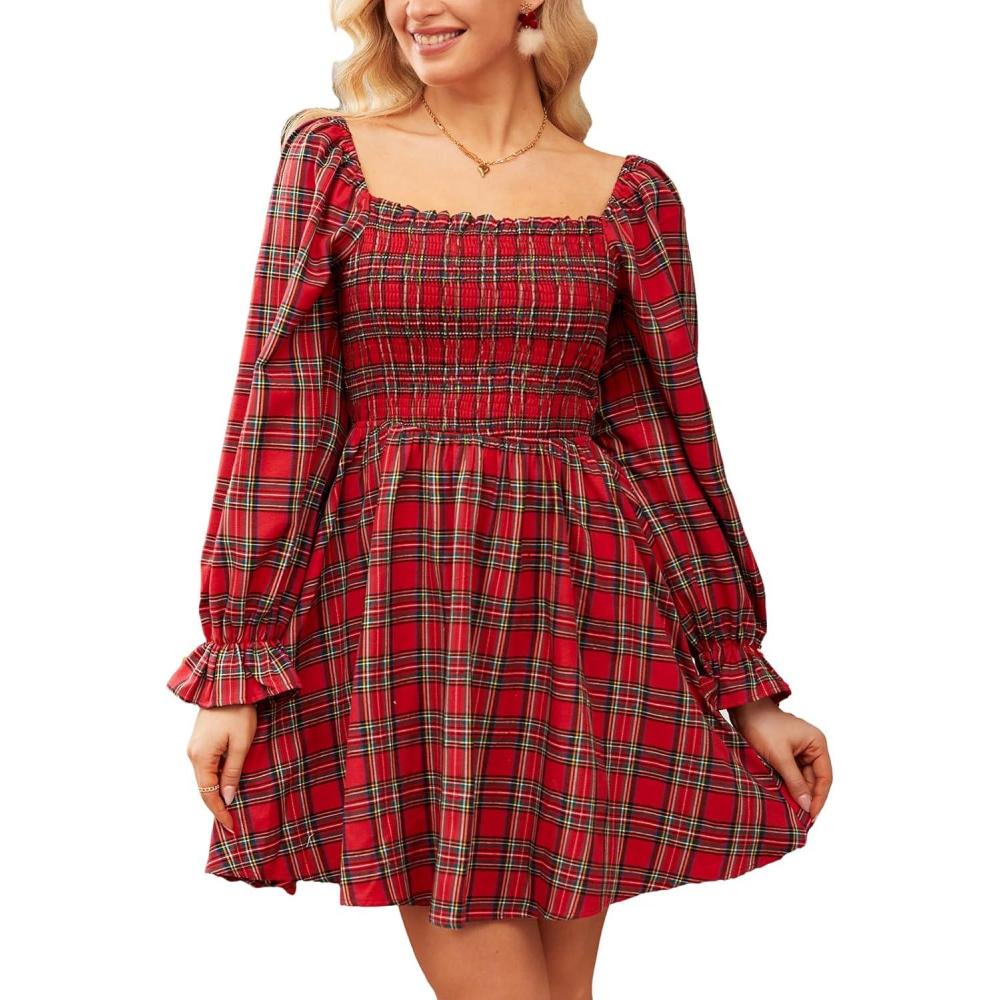 imageCUPSHE Womens Red Plaid Ruffle Cuff Fall Dress Square Neck Long Puff Sleeve Smocked Bodice Casual Mini Autumn DressesRed