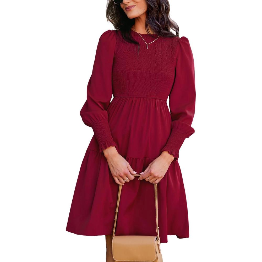 imageCUPSHE Womens Round Neck Emerald Green Smocked Long Sleeve Mini Dress Ruffled Hem Casual A Line Short DressBurgundy