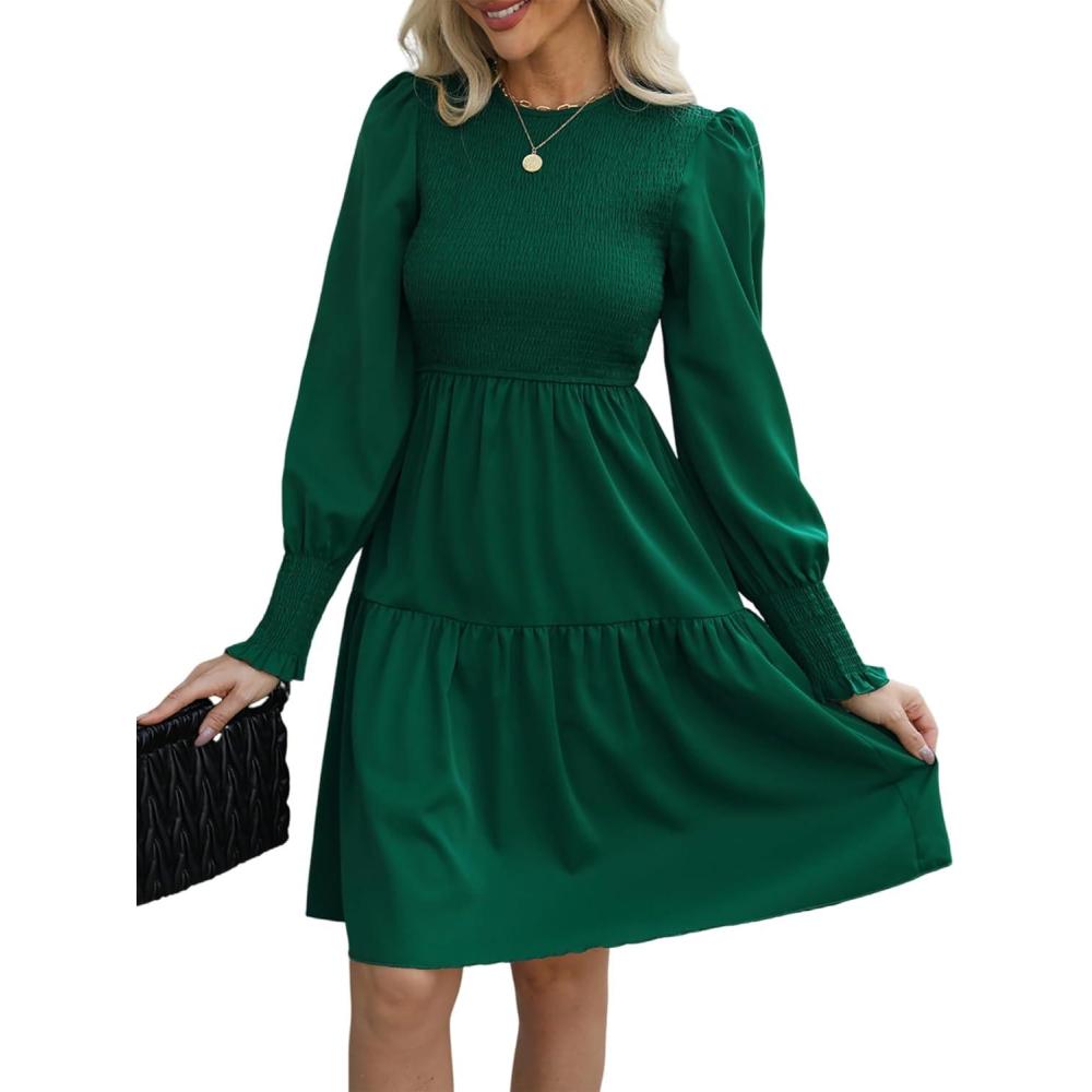 imageCUPSHE Womens Round Neck Emerald Green Smocked Long Sleeve Mini Dress Ruffled Hem Casual A Line Short DressEmerald Green