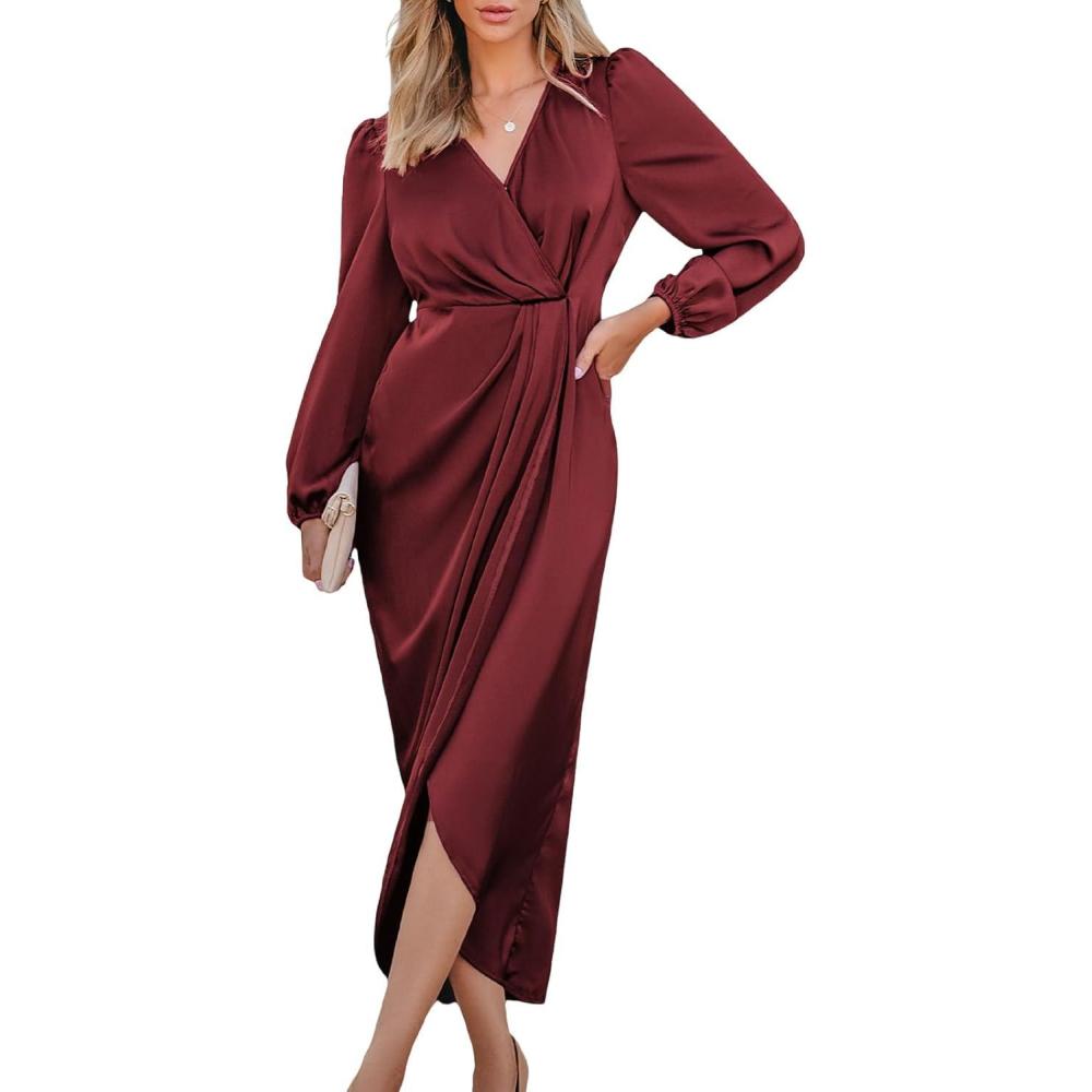 imageCUPSHE Womens Satin Long Sleeve Midi Dress V Neck Wrap Elegant Cocktail Party Work DressesRed