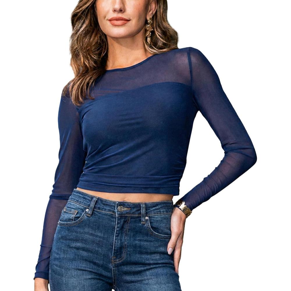 imageCUPSHE Womens Sexy Mesh Long Sleeve Shirts Fashion Boat Necks Sheer Going Out Tops Slim Fit BlousesNavy