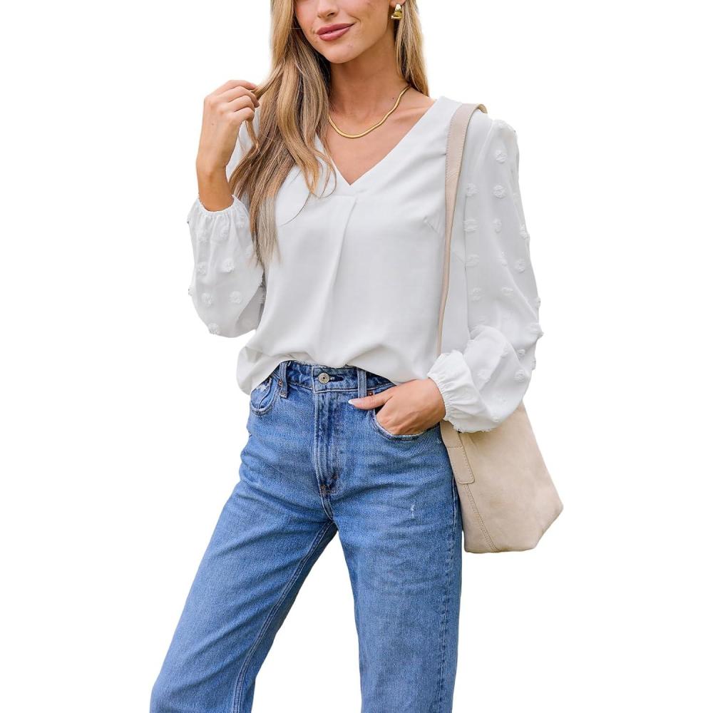 imageCUPSHE Womens Sheer Mesh Lantern Sleeve V Neck Blouses Polka Dot Long Sleeve Tops Casual Work Shirts White