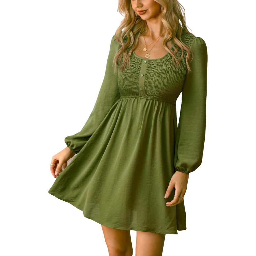 imageCUPSHE Womens Smocked Mini Dress Round Neck Long Sleeves Fall Casual Ruffle DressGreen
