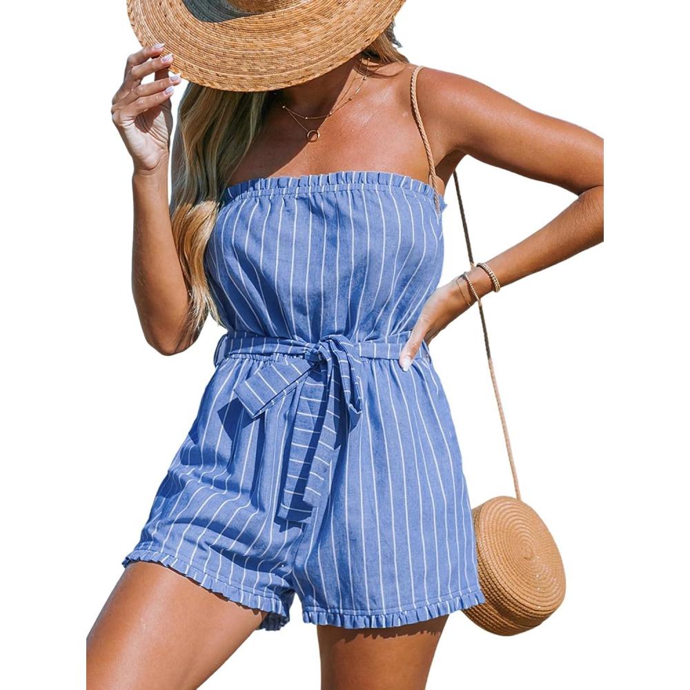 imageCUPSHE Womens Strapless Short Rompers One Piece HighWaist Jumpsuit Blue and White StripesBlue