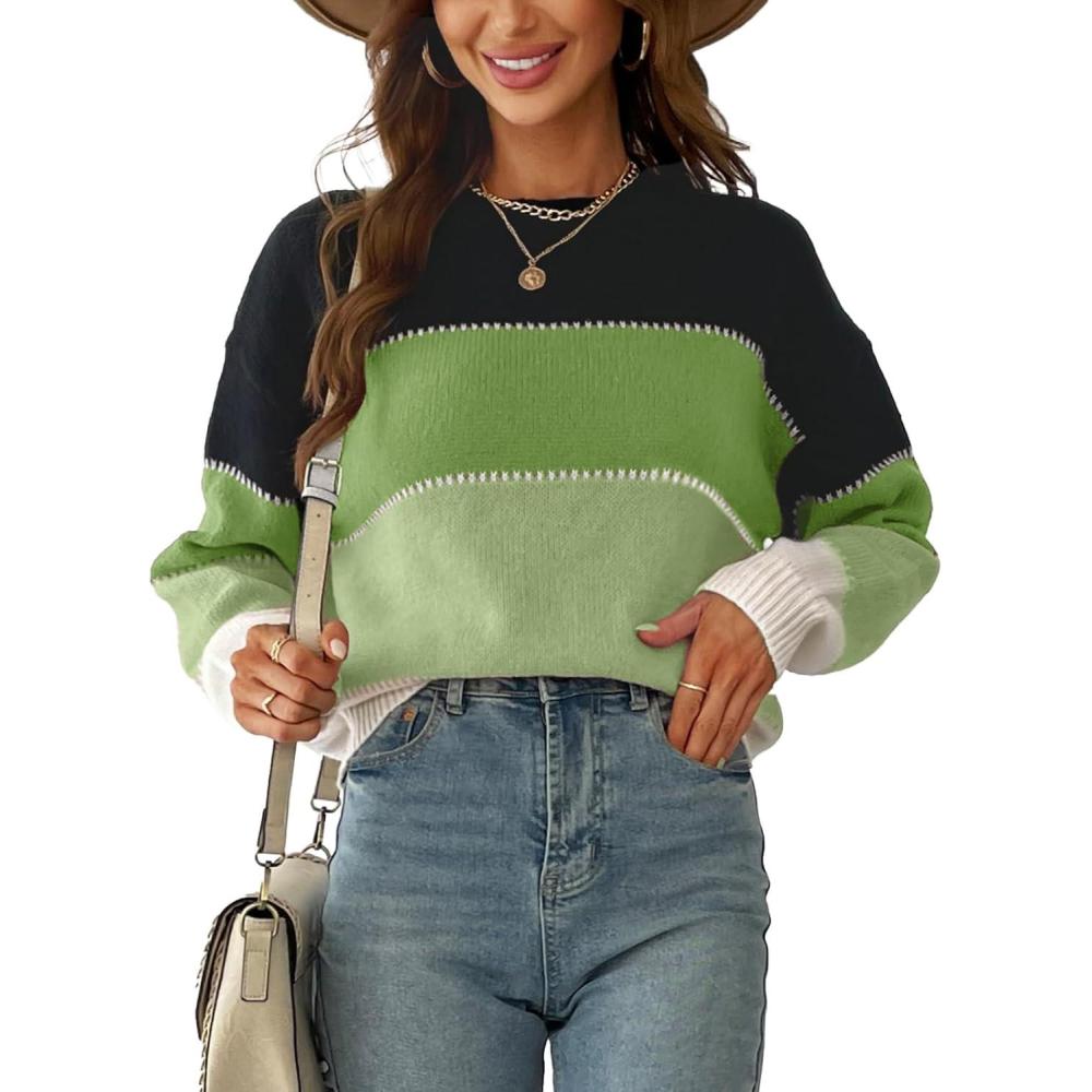 imageCUPSHE Womens Striped Color Block Sweater Long Sleeve Crewneck Lightweight Pullover Sweater TopsBlack Green