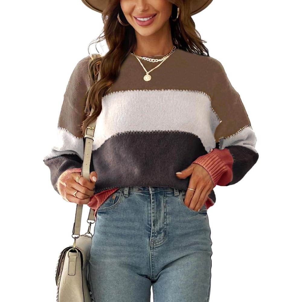 imageCUPSHE Womens Striped Color Block Sweater Long Sleeve Crewneck Lightweight Pullover Sweater TopsRed