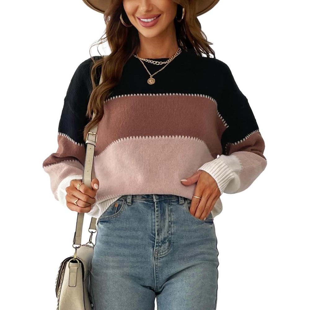 imageCUPSHE Womens Striped Color Block Sweater Long Sleeve Crewneck Lightweight Pullover Sweater TopsWhite