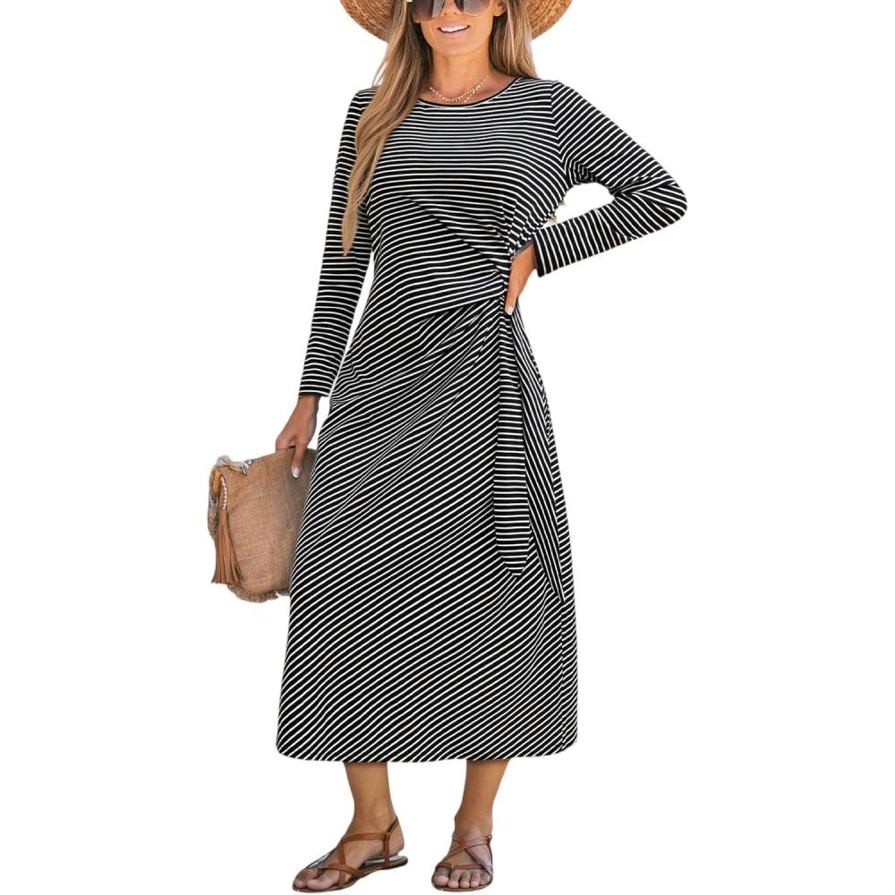 imageCUPSHE Womens Striped Midi Casual Dresses Cotton Fall Long Sleeve Tie Front DressStriped
