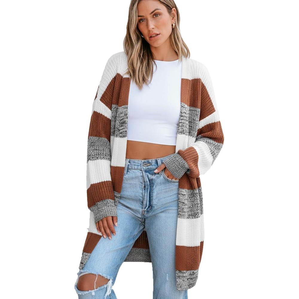 imageCUPSHE Womens Striped Open Front Cardigan Sweater Long Sleeve Knit Sweater Coat Oversized Fall Casual OuterwearBrown Stripe