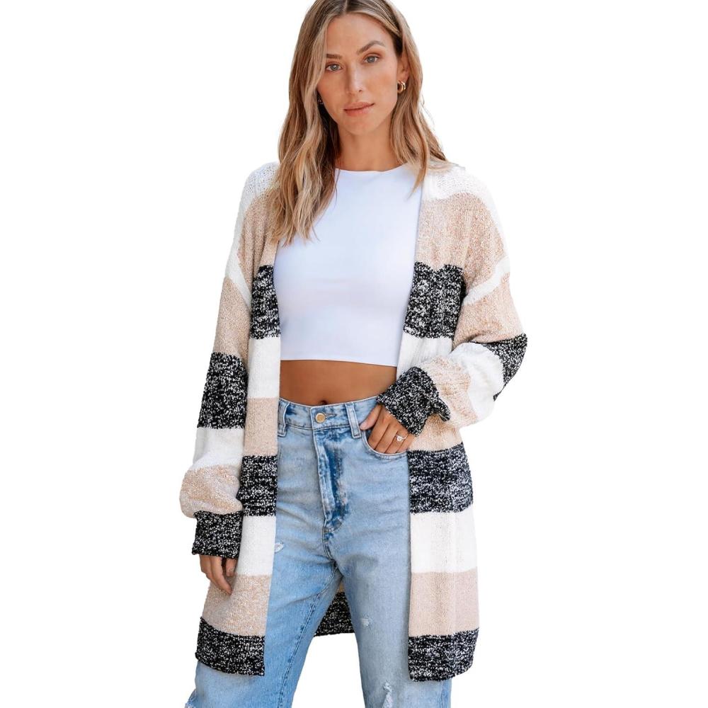 imageCUPSHE Womens Striped Open Front Cardigan Sweater Long Sleeve Knit Sweater Coat Oversized Fall Casual OuterwearNeutral Stripe