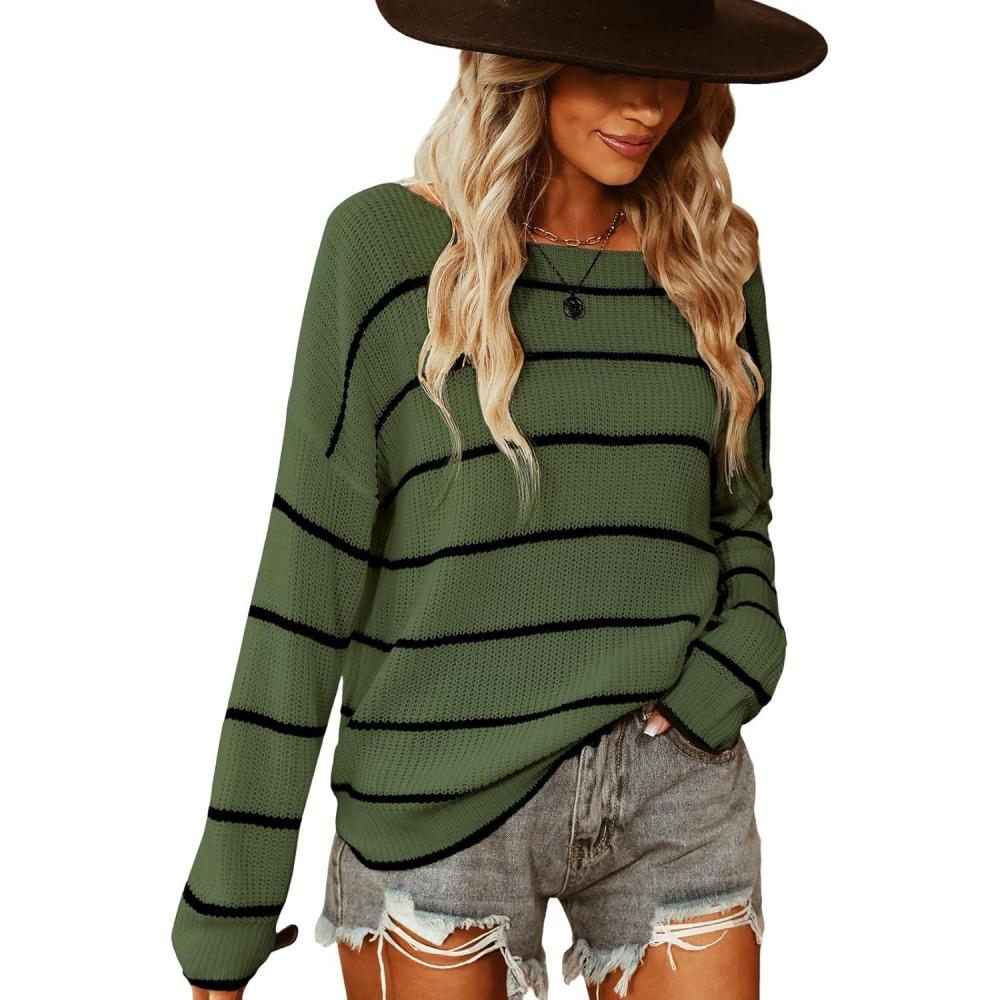 imageCUPSHE Womens Striped Sweaters Long Sleeve Boat Neck Colorblock Knitted Pullover Sweater TopsGreen