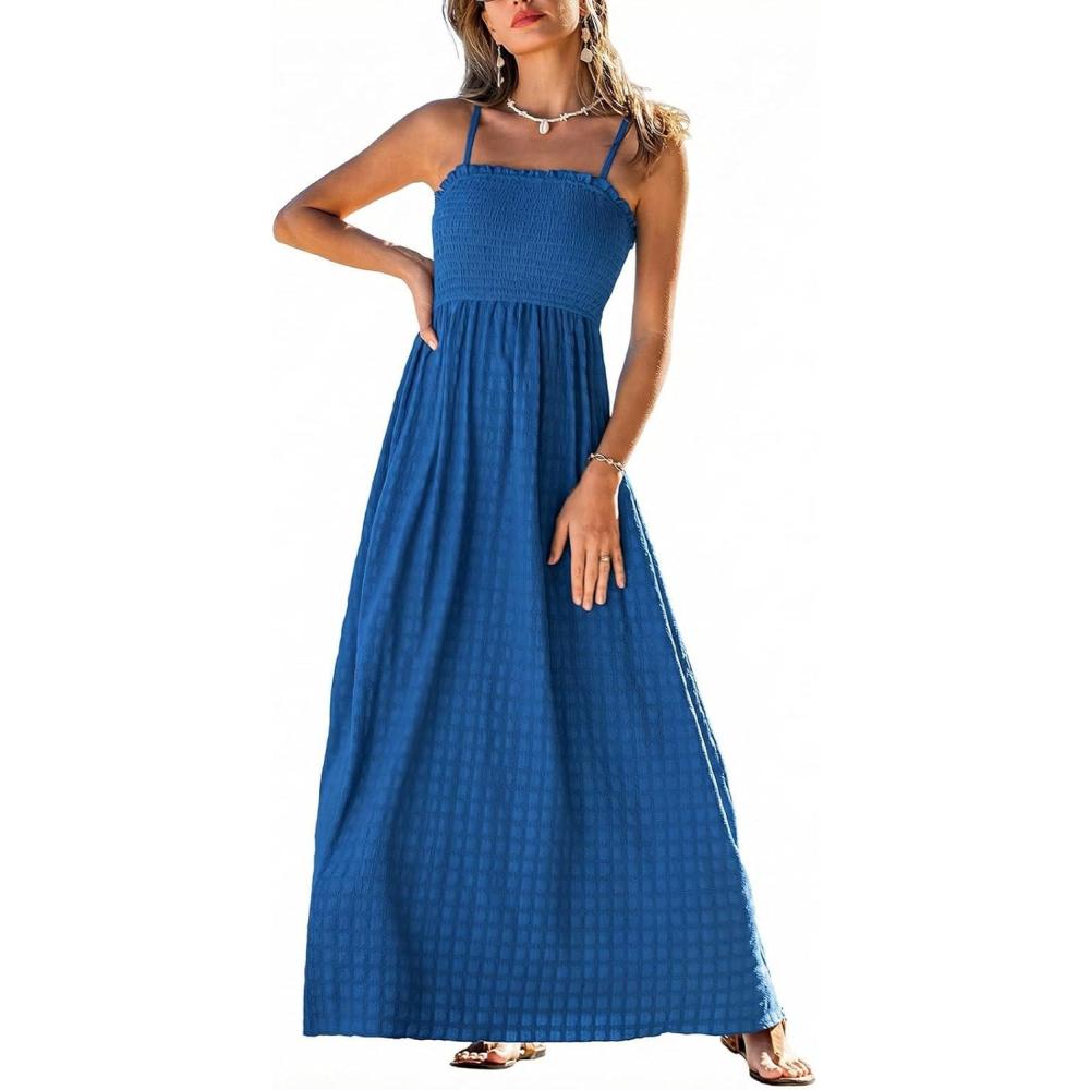 imageCUPSHE Womens Summer Beach Vacation Dress Boho Smocked Maxi Sundress Casual Long Flowy Spaghetti Strap DressesBlue