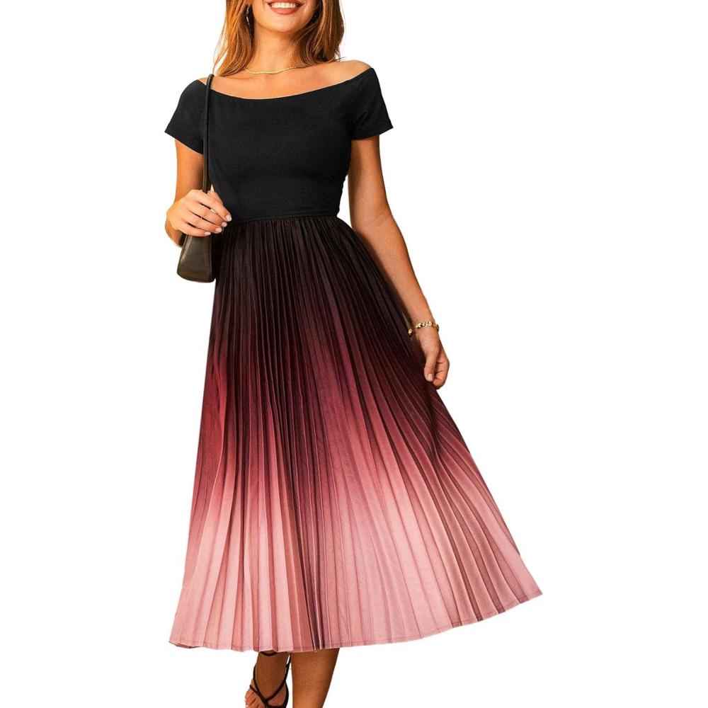 imageCUPSHE Womens Summer Dresses 2025 Off Shoulder Short Sleeve Pleated Gradient Long Flowy Maxi Formal Wedding Guest DressBlack Gradient