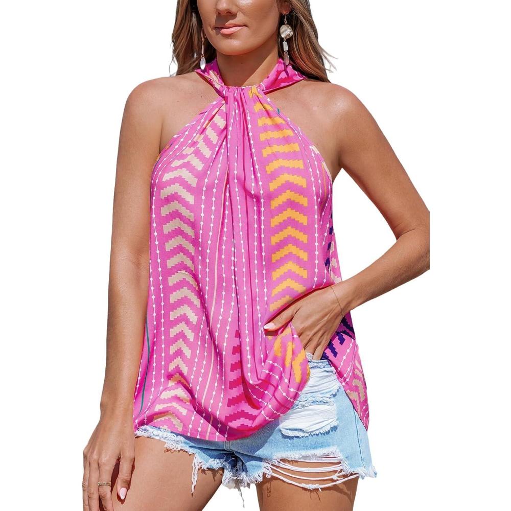 imageCUPSHE Womens Summer Halter Tops Sleeveless Floral Tropical Vacation Beach CoverUp Top Shirt BlousePink