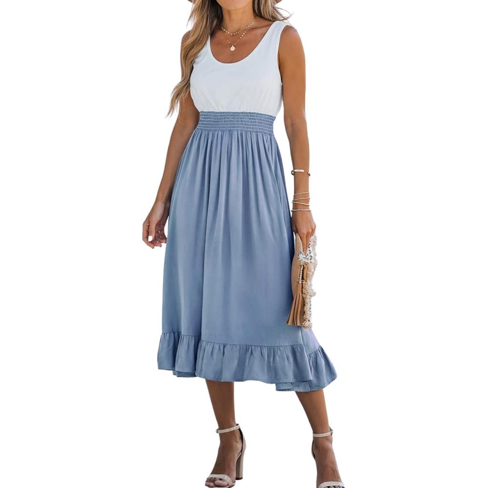 imageCUPSHE Womens Summer Midi Dresses Sleeveless Tank Smocked Beach Vacation Hawaiian 2025 Flowy SundressBlue