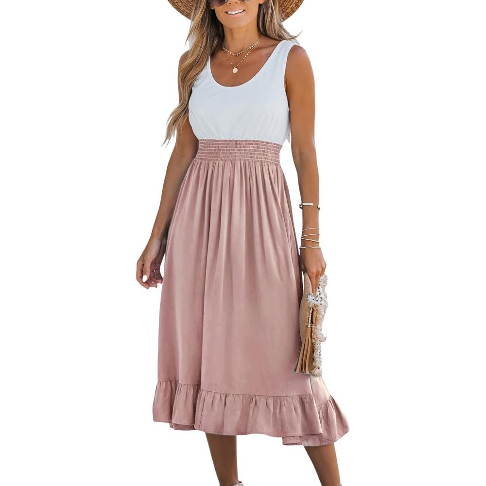 imageCUPSHE Womens Summer Midi Dresses Sleeveless Tank Smocked Beach Vacation Hawaiian 2025 Flowy SundressPink
