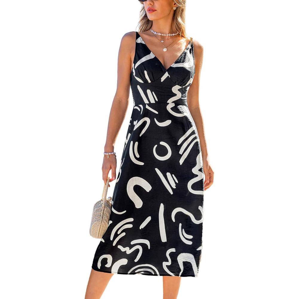 imageCUPSHE Womens Summer Midi Dresses V Neck Sleeveless Abstract Spaghetti Strap A Line Sundress Beach Vacation Casual DressBlack Abstract