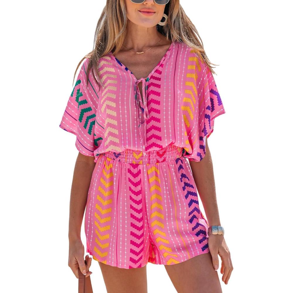 imageCUPSHE Womens Summer Romper V Neck Short Sleeve Tie Front Jumpsuits Wide Leg Elastic Waist Hobo Overalls Beach OutfitsPink