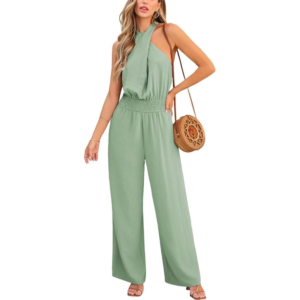 imageCUPSHE Womens Summer Sleeveless Smocked Waist Straight Leg Tie Back Dressy Jumpsuits Rompers 2025 Trendy OutfitsGreen