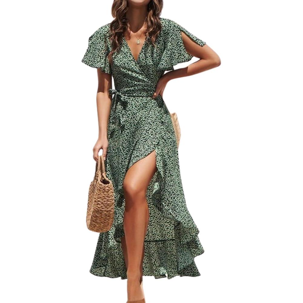 imageCUPSHE Womens Summer Wrap Maxi Dress Casual Split Flared Short Sleeve Tie Waist Ruffle Beach DressGreen Floral