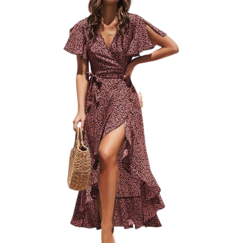 imageCUPSHE Womens Summer Wrap Maxi Dress Casual Split Flared Short Sleeve Tie Waist Ruffle Beach DressRed Floral