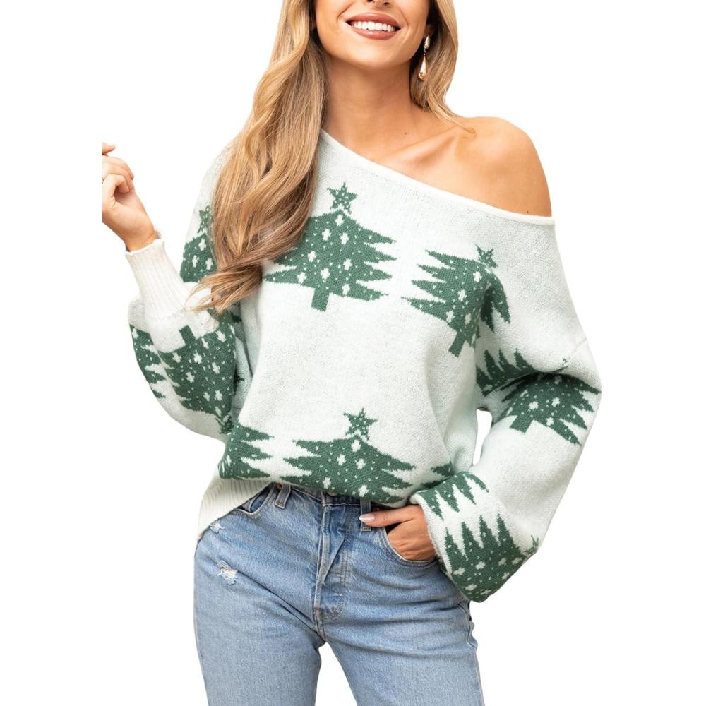 imageCUPSHE Womens Sweaters Christmas Off Shoulder Long Sleeve Sweater Casual Lightweight Xmas Pullover Sweater TopsGreen