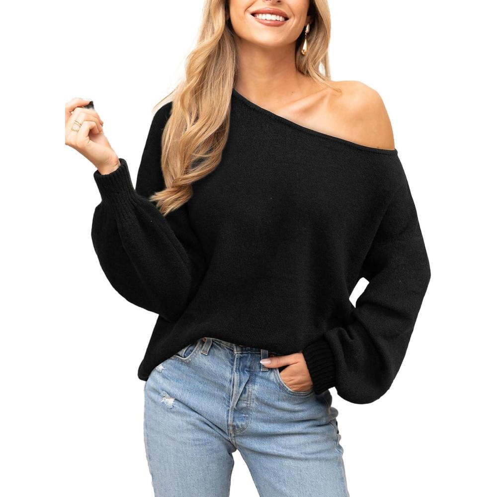 imageCUPSHE Womens Sweaters Christmas Off Shoulder Long Sleeve Sweater Casual Lightweight Xmas Pullover Sweater TopsSolid Black