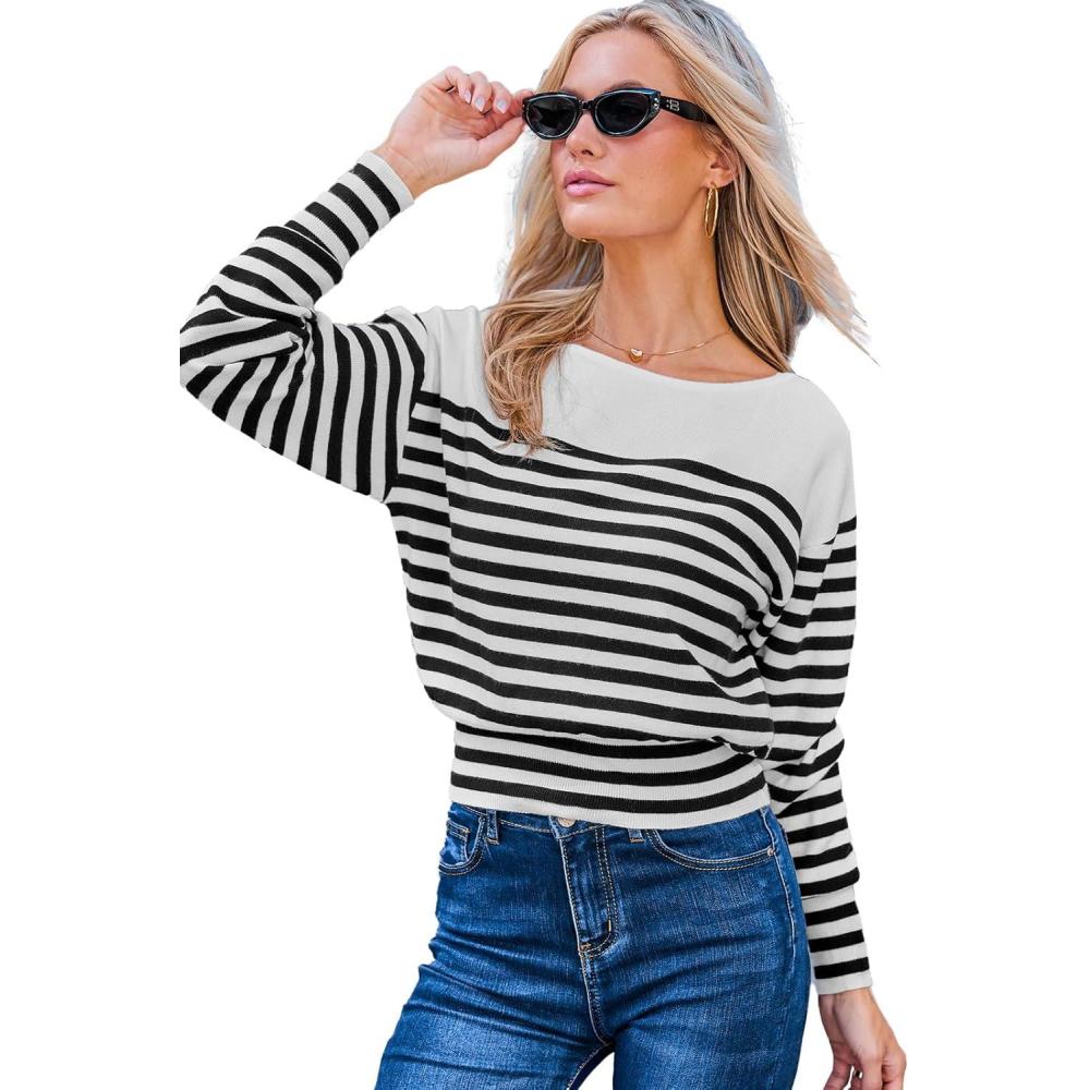 imageCUPSHE Womens Sweaters Long Sleeve Lightweight Sweaters Trendy Boat Neck Striped Sweater TopsBlack Striped
