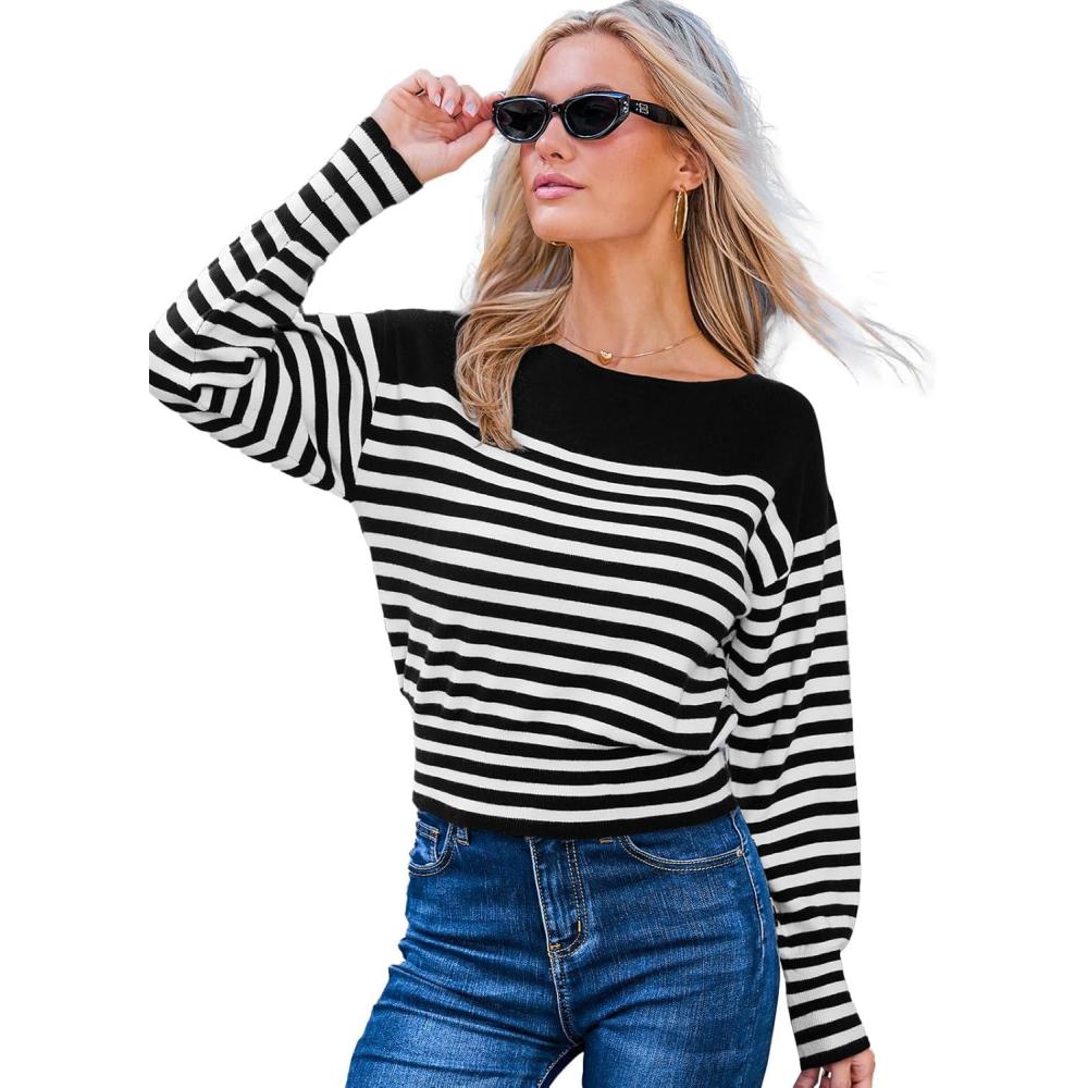 imageCUPSHE Womens Sweaters Long Sleeve Lightweight Sweaters Trendy Boat Neck Striped Sweater TopsWhite Striped