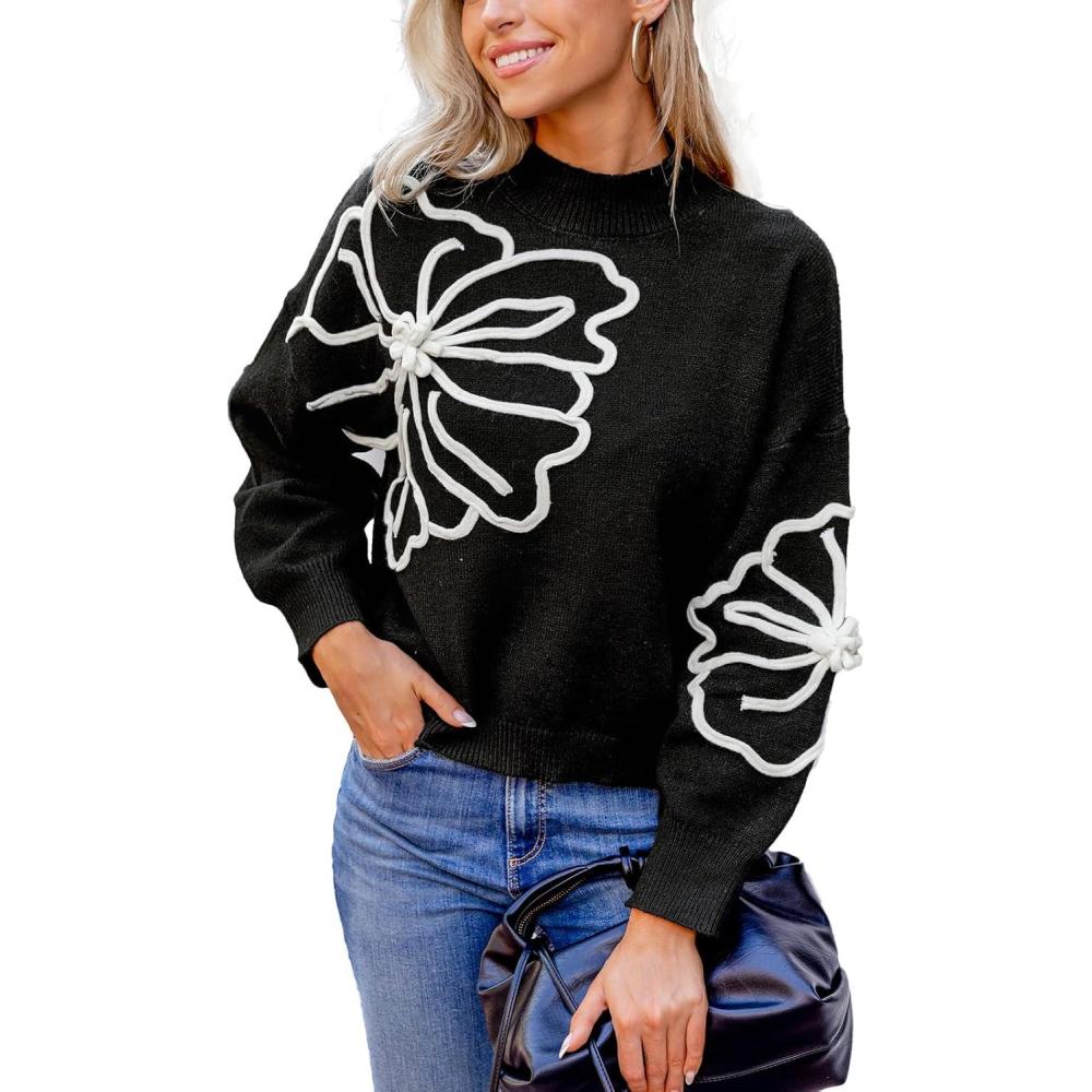 imageCUPSHE Womens Sweaters Mock Neck Long Sleeve Sweater Floral Lightweight Knit Pullover Sweater Tops TopsBlack