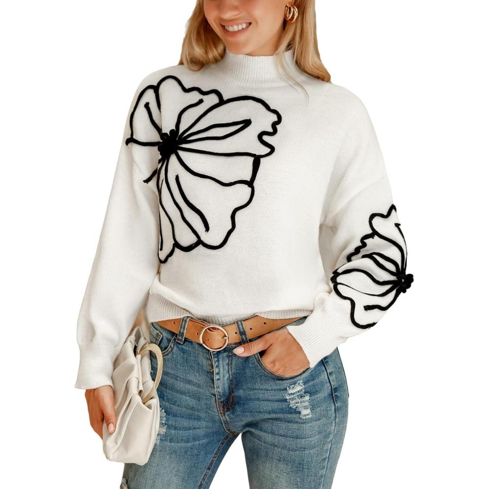 imageCUPSHE Womens Sweaters Mock Neck Long Sleeve Sweater Floral Lightweight Knit Pullover Sweater Tops TopsWhite