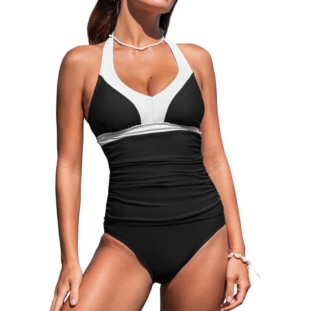 imageCUPSHE Womens Tankini Sets Halter Neck Self Tie Two Piece Swimsuit Adjustable Strappy Color Block Ruched SwimwearBlack White Colorblock