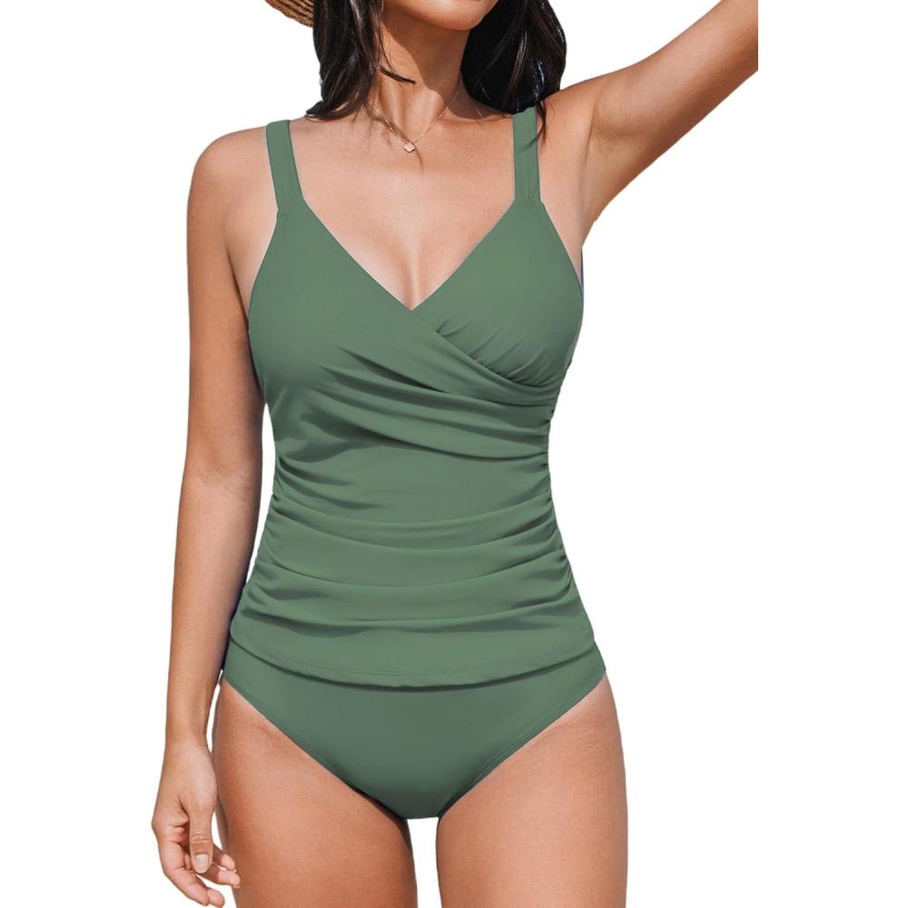 imageCUPSHE Womens Tankini Sets Surplice V Neck Two Piece Bathing Suits Adjustable Straps Shirred Mid Rise SwimwearEucalyptus Green