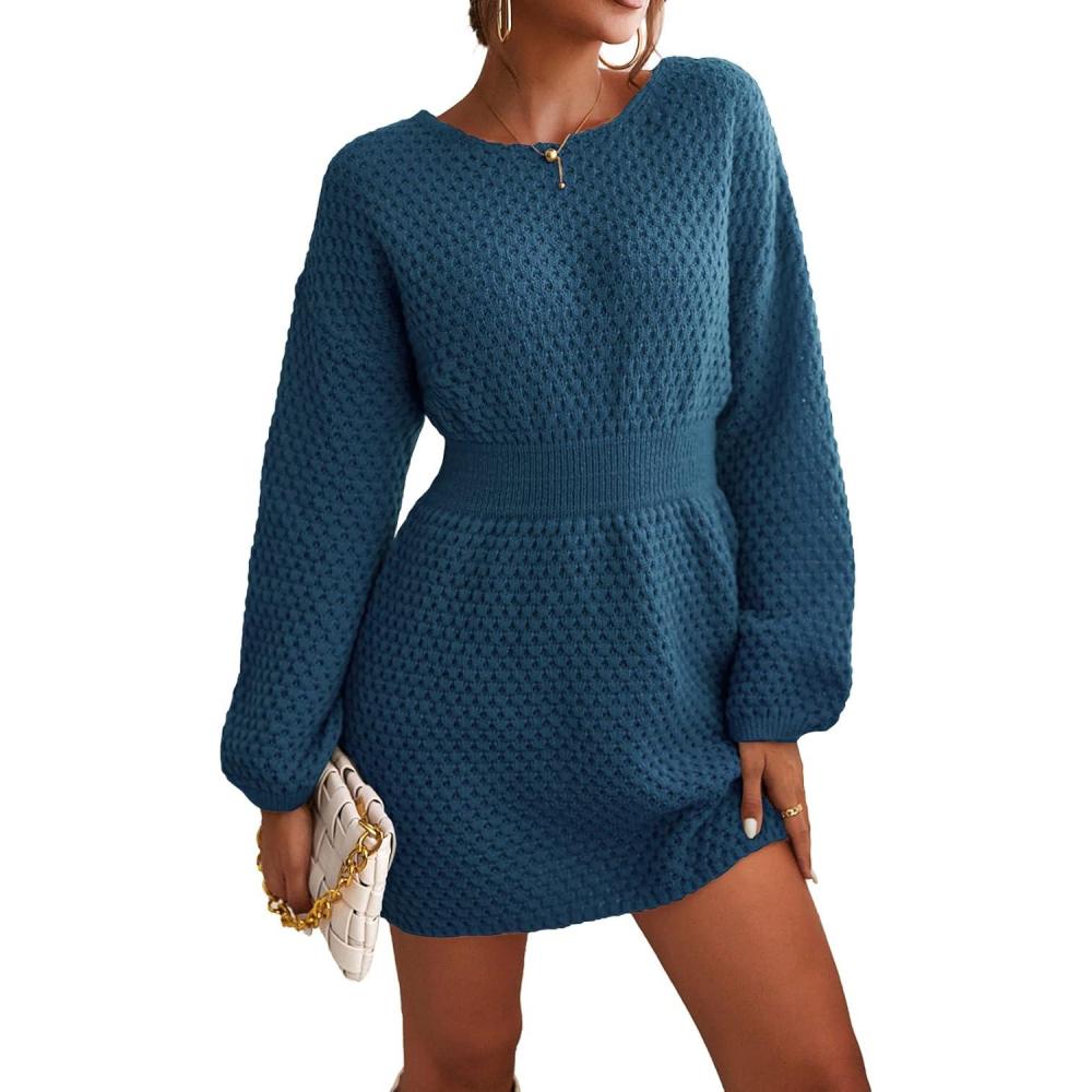 imageCUPSHE Womens Textured Knit Pullover Sweater Dress Long Sleeve Banded Waist Mini Casual Fall Winter Sweater DressBlue