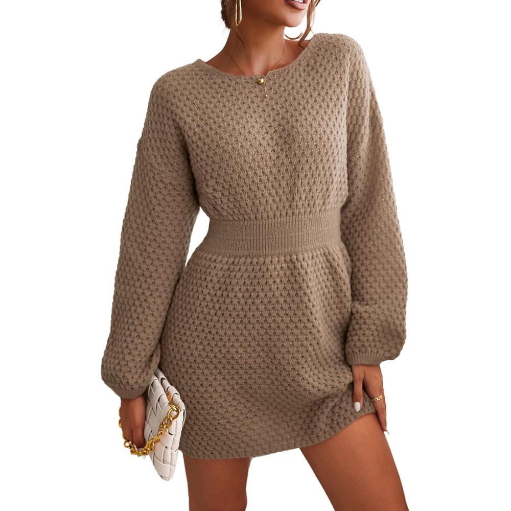 imageCUPSHE Womens Textured Knit Pullover Sweater Dress Long Sleeve Banded Waist Mini Casual Fall Winter Sweater DressCoffee