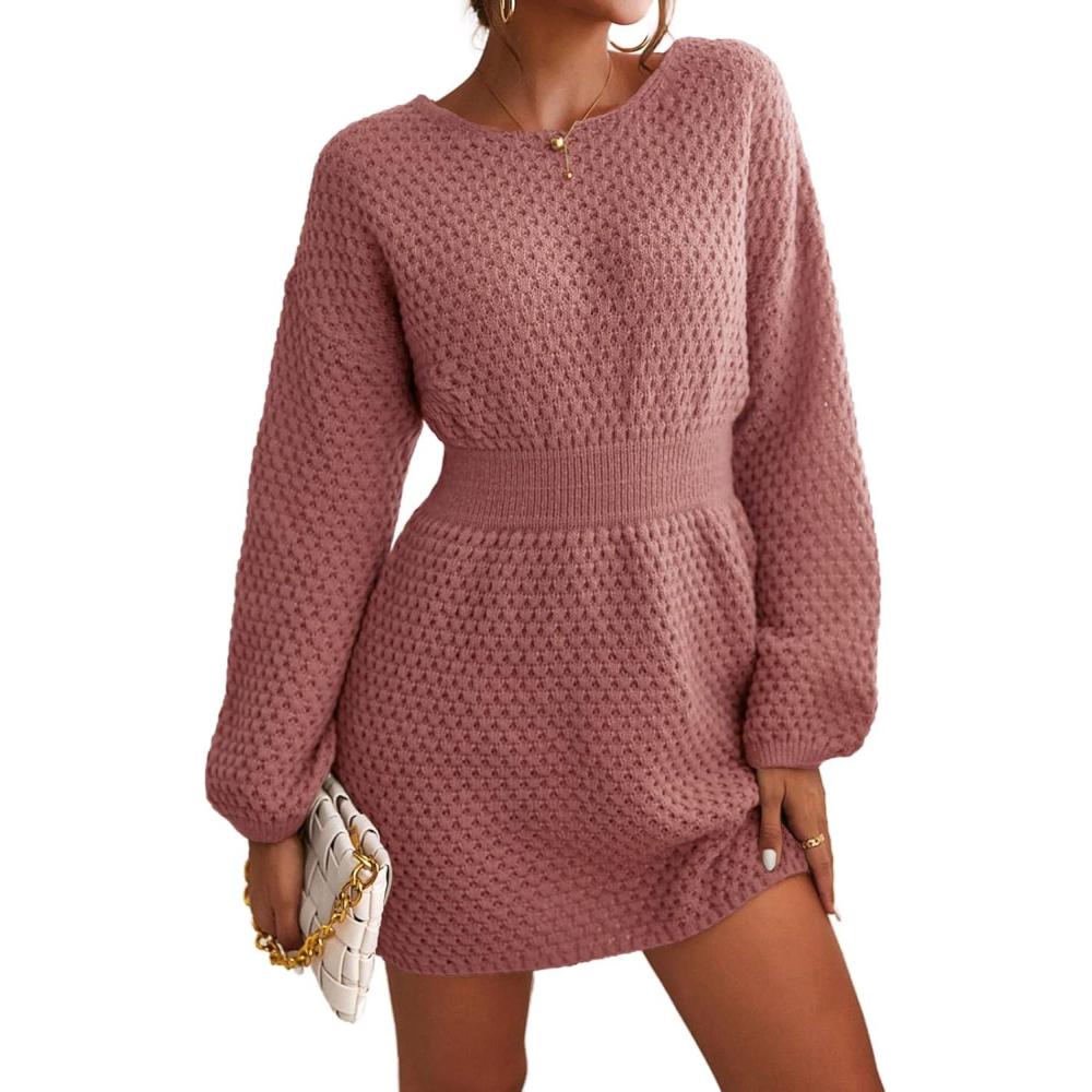 imageCUPSHE Womens Textured Knit Pullover Sweater Dress Long Sleeve Banded Waist Mini Casual Fall Winter Sweater DressPink