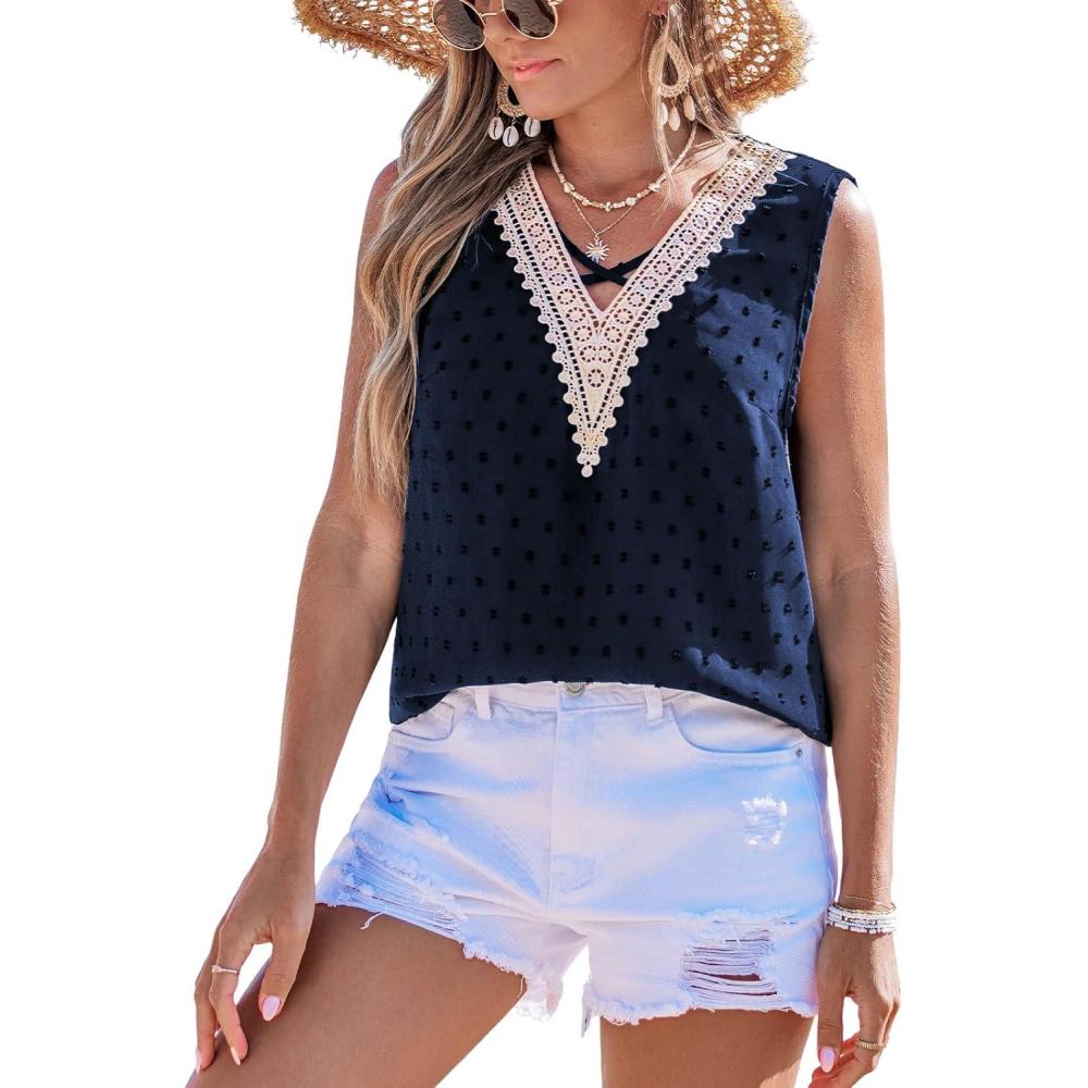 imageCUPSHE Womens Top V Neck Sleeveless Dots Shirt Lace Neck Blouse Relaxed Casual LooseBlue