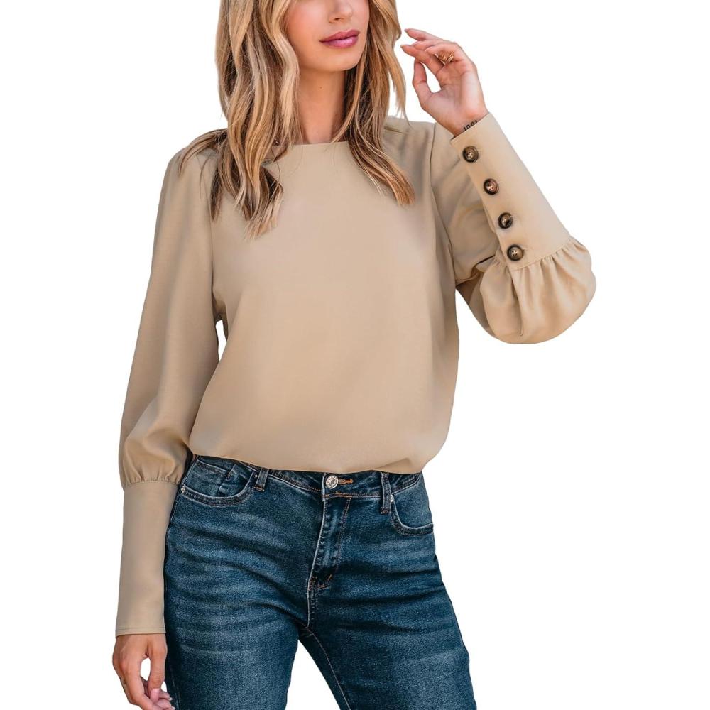 imageCUPSHE Womens Top Woven Mock Neck Puff Long Sleeves Buttons Blouse Casual LooseKhaki