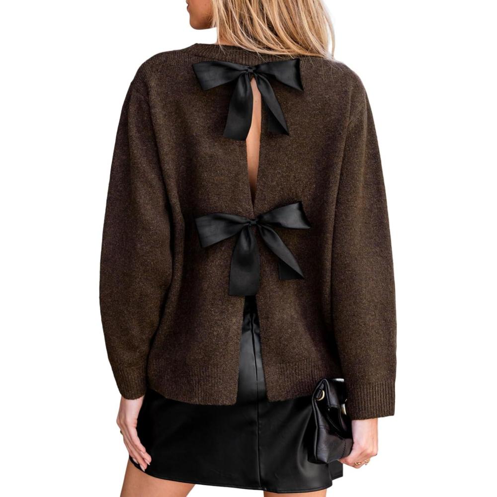 imageCUPSHE Womens Trendy Knit Bow Sweater Long Sleeve Round Neck Casual Fall Winter TopsBrown
