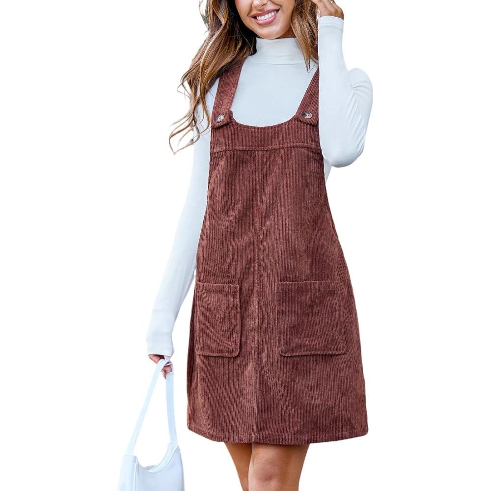 imageCUPSHE Womens U Neck Pinafore Mini Fall Dress Shoulder Straps with Button Front Patch Pockets Casual Autumn DressesBrown