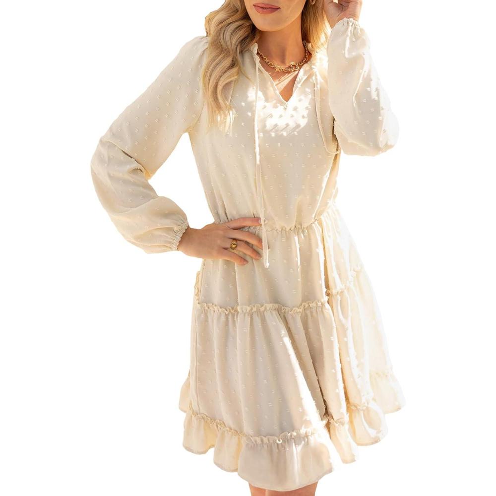 imageCUPSHE Womens V Neck Pom Pom Long Sleeve Ruffled Drawstring A Line Mini Dress GreenBeige