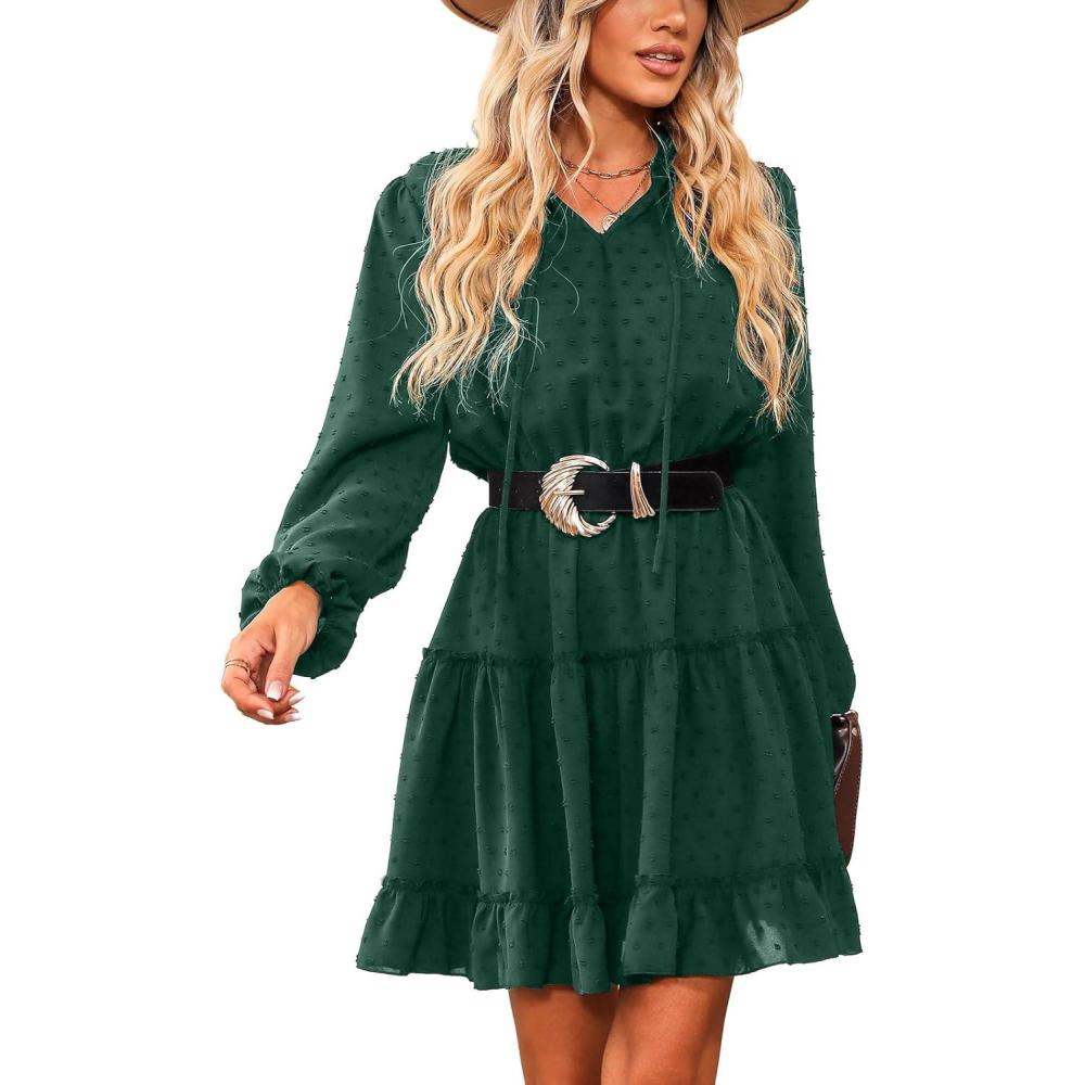imageCUPSHE Womens V Neck Pom Pom Long Sleeve Ruffled Drawstring A Line Mini Dress GreenGreen