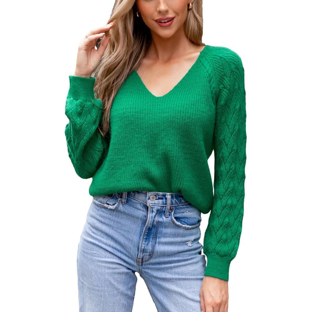 imageCUPSHE Womens VNeck Sweater Reversible Lightweight Long Sleeve Pullover 2025 Fall Casual Knit Sweater TopGreen