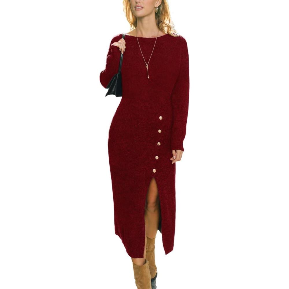 imageCUPSHE Womens Winter Dresses Pencil Bodyon Long Sleeve Crew Neck Button Front Slit Casual Knitted Midi DressBurgundy