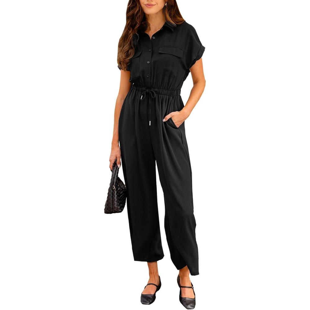imageCUPSHE Womens summer Jumpsuits Collar Short Sleeve Button Up Jumpsuit Elastic Waist Wide Leg with PocketsBlack