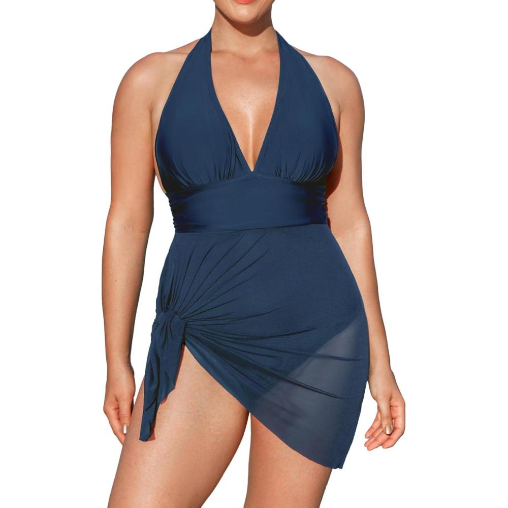 imageCUPSHE Womenss Plus Size One Piece Swim Dress Tummy Control Swimsuit V Neck Bathing Suit Halter Mesh Skirt TieDark Blue