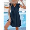 CUPSHE Beach Dress V Neck Cap Flutter Sleeve Lace Hollow Out Pleated Summer Mini Cover Up Dress(Navy Blue)